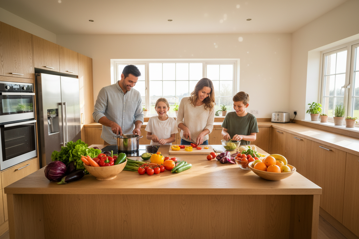 Make a full kitchen with vegetables and fruits and make a family in the kitcehn overall looking happy